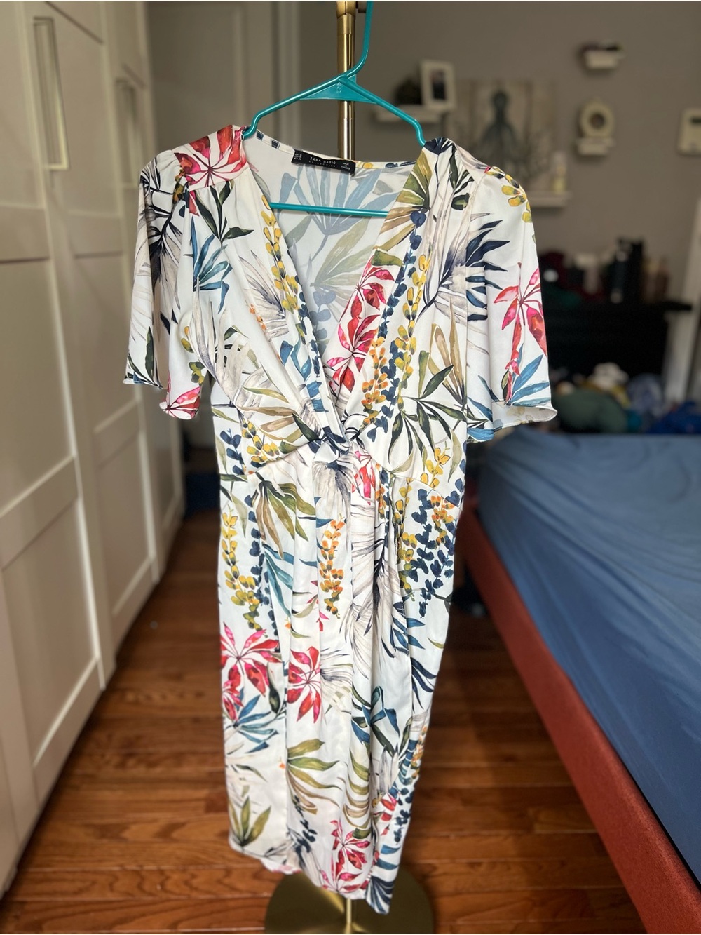 Zara Basic Botanical Flo Wrap Midi Dress - Off-White